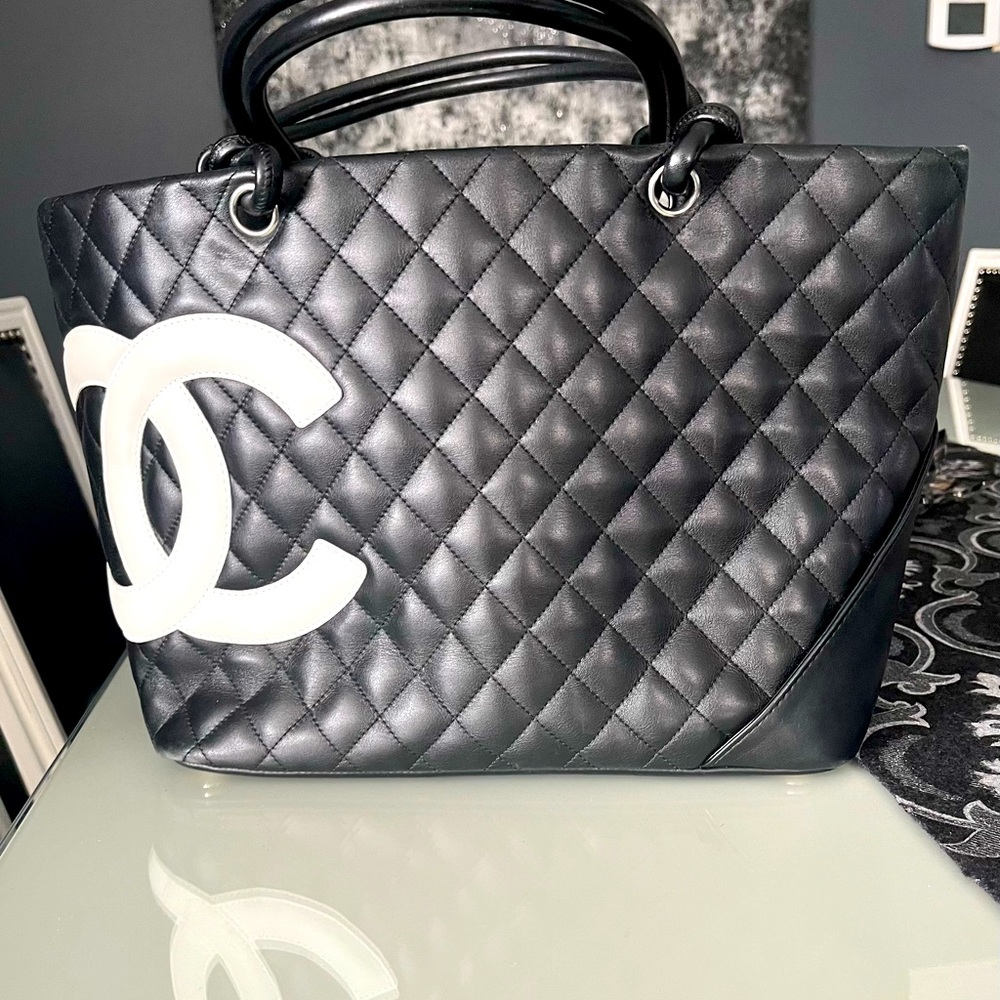 Fantastic Chanel Cambon large tote with hot pink logo interior. Authentic.